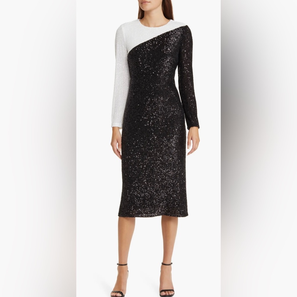 Anne Klein Black and White Sequin Long Sleeve Sheath Dress